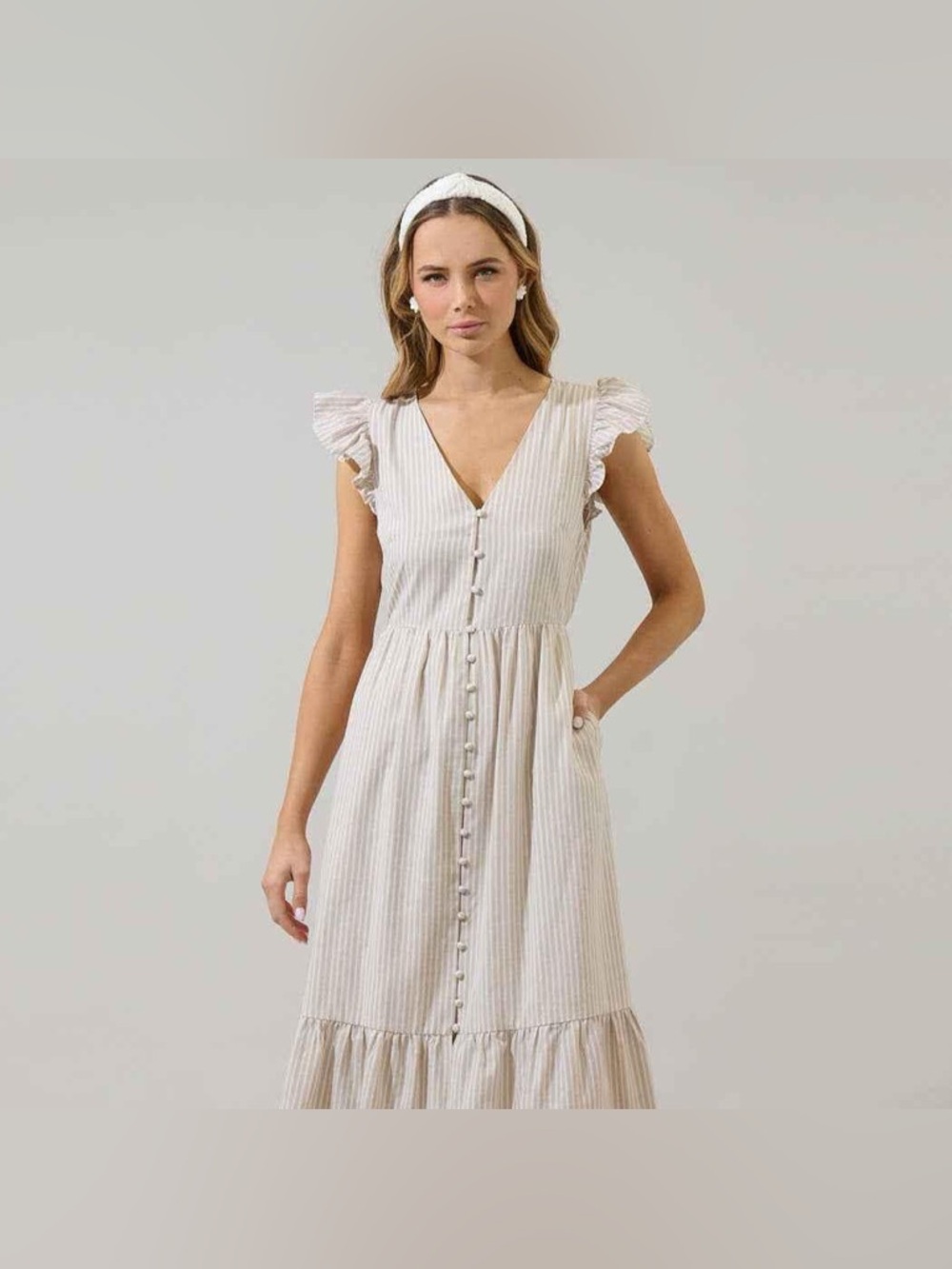 Sugarlips Cream Striped Button-Front Maxi Dress